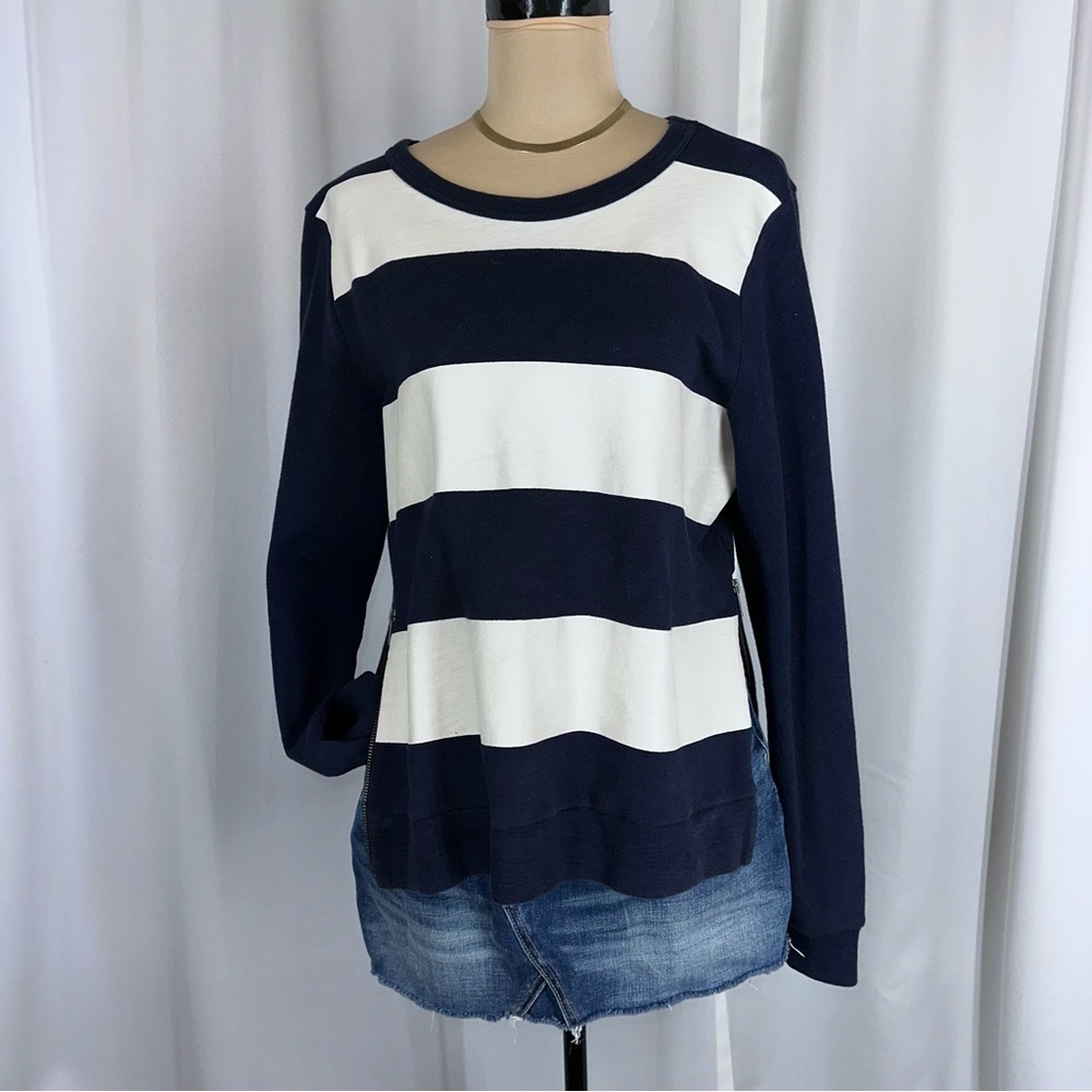 J Crew French Terry Pullover Top Navy White Bold Stripes Side Zipper Nautical M‎